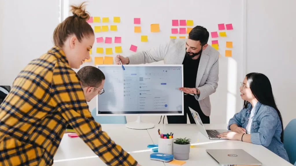 Colleagues brainstorming together at a startup