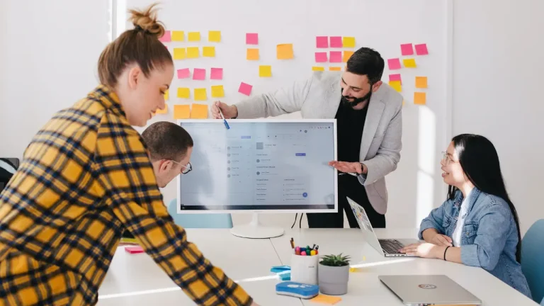 Colleagues brainstorming together at a startup