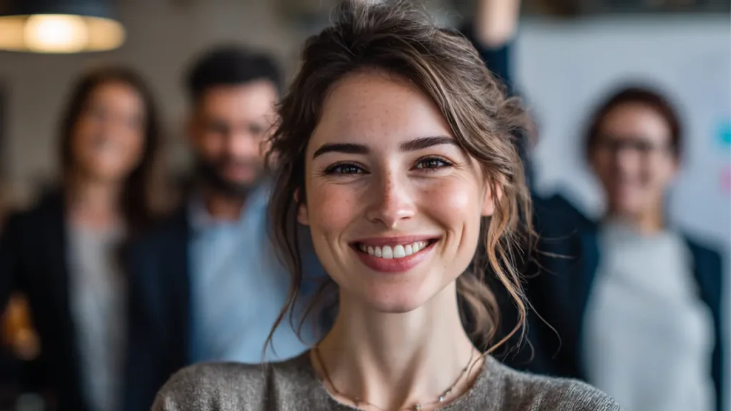 A young sales manager smiling with her motivated team behind her.