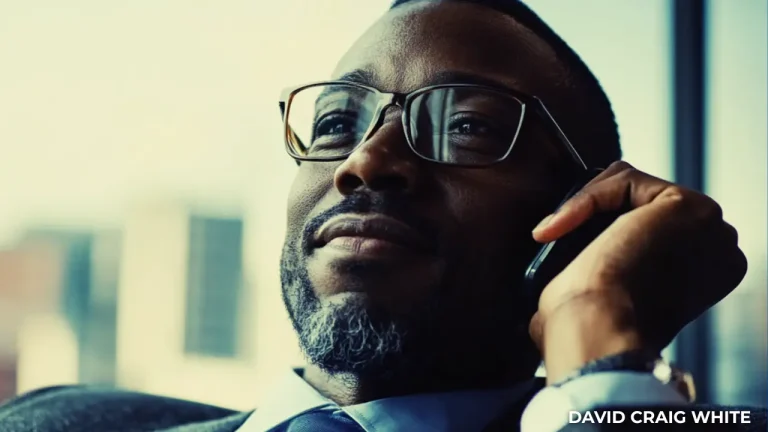 A confident salesman smiling on a sales call
