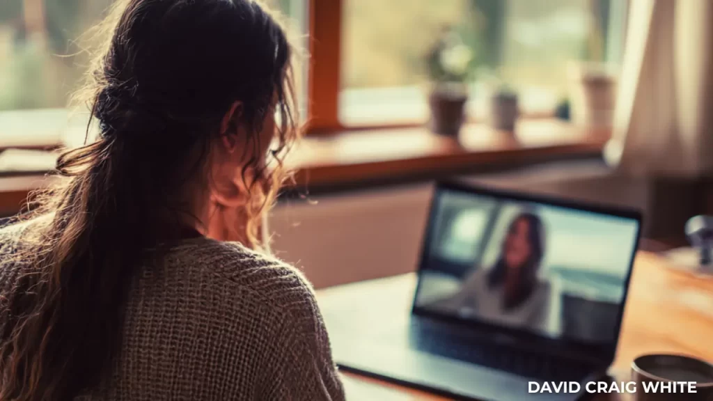 Young lady enjoying stress management classes via video call.