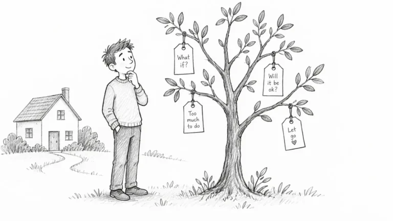 A man leaving his worries on his worry tree.