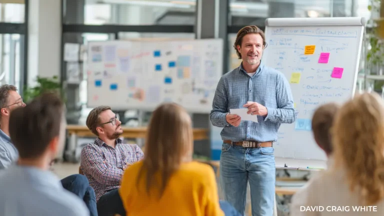 A man delivering sales training to a room of people